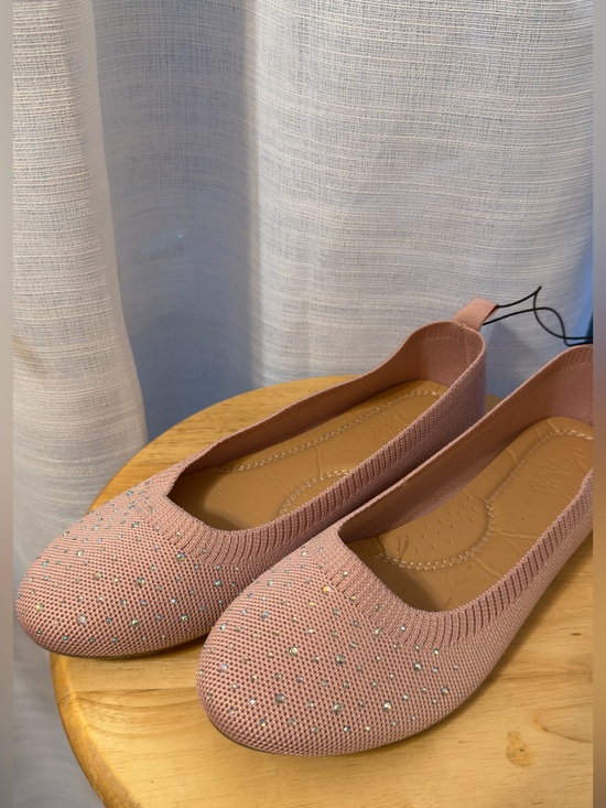 Shoes - Women’s Blush Pink Knit Ballet Flats with Embellishments